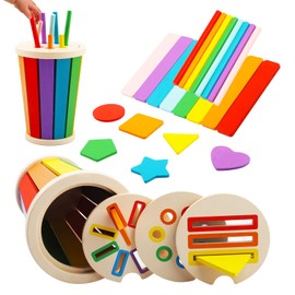 Tikplus Montessori Toy, 3-in-1 Wooden Colour Shape Sorting Toy, Children's Wooden Toy Sorting Game, Sensory Plug-in Game from 1 Year, Wooden Sorting & Stacking Toy, for Girls and Boys