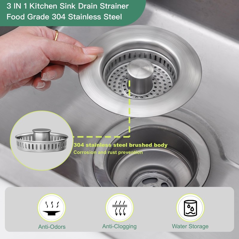 Kitchen Sink Drain Strainer 3 in 1, 304 Stainless Steel