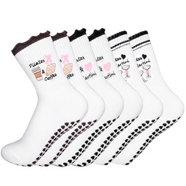 QBEJIME 3 Pairs Pilates Socks Non Slip Women, Grip Yoga Socks, Cute Reformer Pilates Socks Cuff Embroidery Pattern For Home, Gym Barre Sports Fitness Dance Ballet Hospital Pregnant
