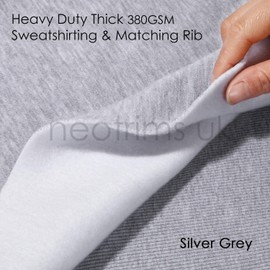 Sweatshirt Fabric Heavyweight Brushed Jumbo Fleece Matching Cotton French Terry Rib Knit 380G (14Ounce) by NEOTRIMS UK. Silver Grey, Sample: Fabric + Rib