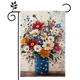 4th of July Mason Jar Colorful Flowers Garden Flag for Outside 12x18 Inch Double Sided Burlap Spring Summer Floral Memorial Day Independence Day Holiday Outdoor Decorations Yard Flag