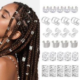 BSARECEY 120Pcs Silver Hair Cuffs for Braids Hair Jewelry for Women Dreadlock Hair Charms Adjustable Hair Rings Loc Decorations Hair Clips