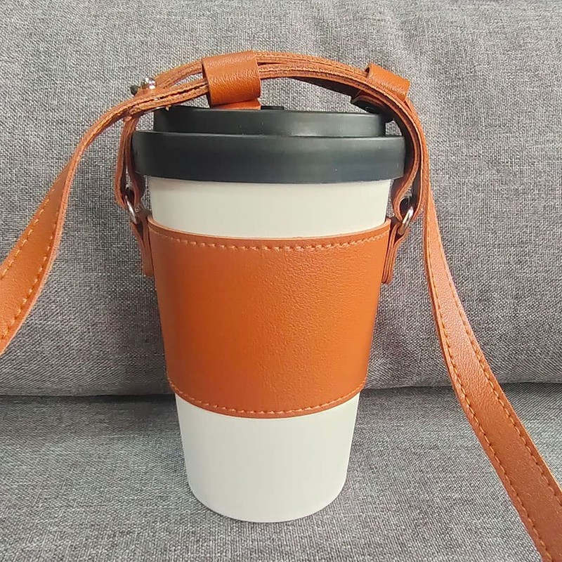Bombinate Leather Cup Holder Round Coffee Handle Strap Bag