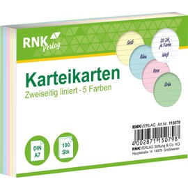 RNK 115079 A7 Ruled Index Cards, 100 Cards, 7 mm, White/Blue/Pink/Green/Yellow