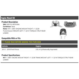 Engine Mount Kit - 3 Piece - Compatible with 2012-2018 Ford Focus 2.0L 4-Cylinder Naturally Aspirated