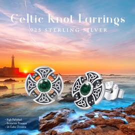 Viking Celtic Knot Cross Earrings for Women Men Sterling Silver Viking Stud Earrings Cross Stud Earrings Irish Jewelry Gifts (Emerald)