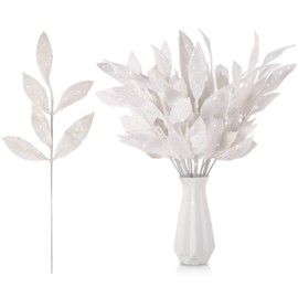 Riceshoot 48 Pcs Christmas Decoration Artificial Leaves with Stems 12.7'' Glitter Decor for Vase Pray Branch Picks Home Kitchen Table Xmas Tree Ornament (White)
