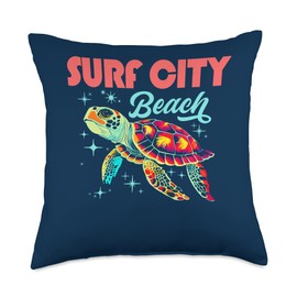 North Carolina Beaches Sea Turtle Gear Surf City Beach NC Artistic Sea Turtle Retro Throw Pillow, 18x18, Multicolor