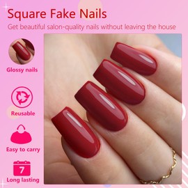 AddFavor 240pcs Red Press on Nails Medium Square Fake Nails, Glossy Acrylic Press on Nails Gel False Nails with Adhesive Stick for women