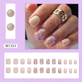Flower Press on Nails Short Square Fake Nails with Gold Foil Purple Flowers Design, Milk White Glossy Gel False Nails Glue Stick on Nails, 12 Sizes - 24 Nail Kit Nail File and Adhesive Tabs Included