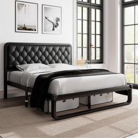 Feonase Full Size Bed Frame with Heavy-Duty Steel Slats, Upholstered Platform Bed Frame with Faux Leather Headboard, 12" Storage Space, No Box Spring Needed, Noise Free, Black, Easy Assembly