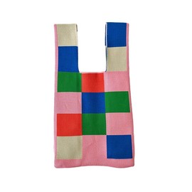 aoozleny Colour Print Wrist Handbag for Women Color Lattice Wave Sleeve Knot Pouch Light Knit Top Handle Bag (Pink+Green)