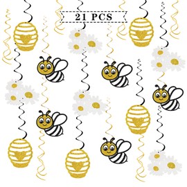 Honey Bumble Bee Hanging Swirl Decorations - Glitter 21 Pcs Bee Baby Shower Party Supplies - Baby Birthday - Engagement - Wedding Streamers - Bee Theme Party Foil Swirls Ceiling Decorations