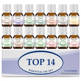 Essential Oil Set 14 - 5 ml Therapeutic Grade 100% Pure Frankincense, Lavender, Peppermint, Rosemary, Orange, Tea Tree, Eucalyptus, Grapefruit, Lemon, Lime, Clove, Spearmint, Lemongrass, Cinnamon