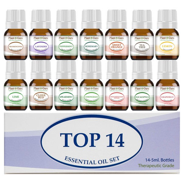 Essential Oil Set 14 - 5 ml Therapeutic Grade 100% Pure Frankincense, Lavender, Peppermint, Rosemary, Orange, Tea Tree, Eucalyptus, Grapefruit, Lemon, Lime, Clove, Spearmint, Lemongrass, Cinnamon