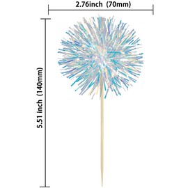 Ephlyn 30Pcs Foil Firework Cupcake Toppers Sparkle Tinsel Cupcake Picks Drink Stirrers Cocktail Food Fruit Toothpicks for Baby Shower Graduation Party Supplies White