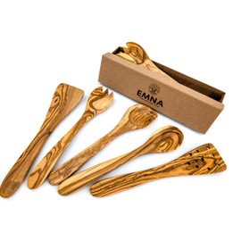 EMNA - 5-Piece Olive Wood Kitchen Utensil Set | Approx. 30 cm | Exclusive Gift Box | Design Cooking Spoon with Pointed Corner | Salad Servers | Flat and Slotted Spatula | Birthday Woman