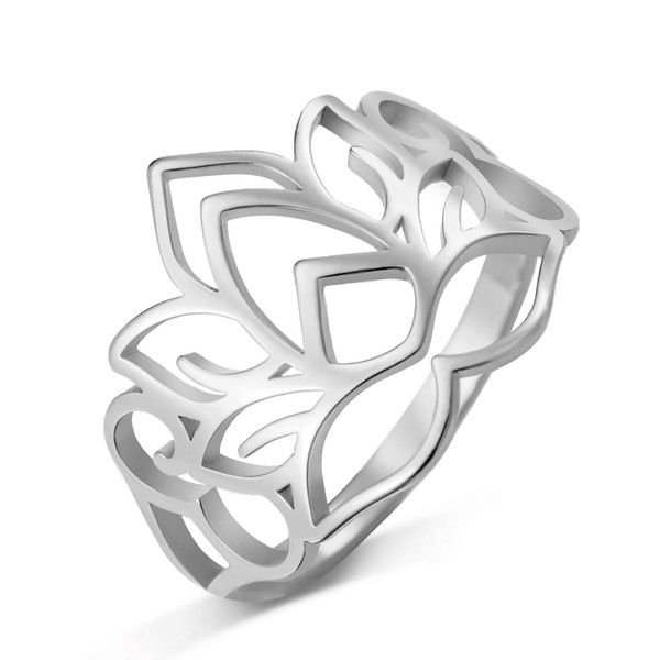TEAMER Lotus Flower Ring Stainless Steel Filigree Lotus Ring Geometric