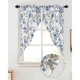 Swag Curtain Valance for Windows, Chinese Style Blue Flower Bird Rod Pocket Kitchen Swag Curtains, Pastoral Farmhouse Floral Swag Valances for Bedroom Bathroom Living Room, 28x36in Pack of 2