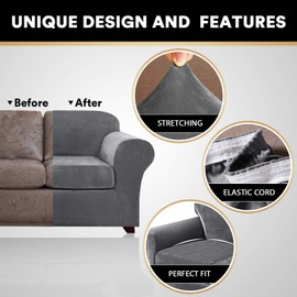 4 Pieces Sofa Covers Stretch Velvet Couch Covers for 3 Cushion Sofa Slipcovers Soft Sofa Slip Covers Furniture Covers with 3 Individual Seat Cushion Covers, Machine Washable (Large, Grey)