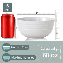 Homestockplus 【Non Ceramic】 68 Oz Salad Bowls,Large Serving Bowls 6 Pcs Unbreakable Ramen Bowl for Salad,Soup,Ramen,Noodle,Oatmeal,Snack Apply to Kitchen, Freezer,Dishwasher & Microwave Safe
