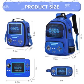 ACESAK Game luminous Boys Backpack - Bento Box with Insulated Lunch Bag Pencil Case, Ice Pack & Utensils Set for Kids, 6 Leakproof Compartments Removable Tray Lunches or Snack Container (Blue)