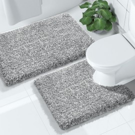Yimobra Fluffy Bathroom Rugs Sets 2 Piece, Shaggy Toilet Rug U Shaped, Soft Non Slip Bath Mat,Thick Plush Shower Rug,Water Absorbent,Machine Washable,32x20+24x20 Inches, Light Gray and White