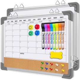 EAONE Monthly Calendar Whiteboard and Cork Board Combo for Wall 16" X 12", Double-Sided Magnetic Dry Erase Calendar White Board, Silver Aluminum Frame for Office,Classroom,Kitchen,Home