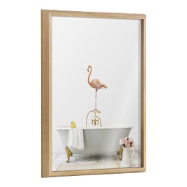 Kate and Laurel Blake Flamingo Cottage Bathroom Framed Printed Glass Wall Art by Amy Peterson Art Studio, 18x24 Natural, Decorative Flamingo Art for Wall