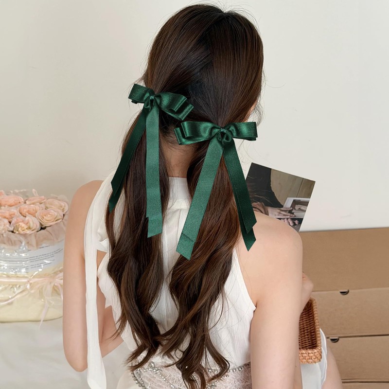 5.5" Sparkly Dark Green Silky Satin Large Hair Bow Alligator