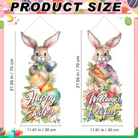 2 Pcs Large Easter Bunny Hanging Sign 27.56 x 11.81 Inches Bunny Wooden Front Door Decorations Rabbit Hanging Hanger Easter Rabbit Porch Sign for Home Indoor Outdoor Wall Spring Decoration(Cute)