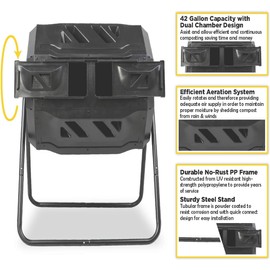 MaxWorks 50891 Compost Tumbler Bin Composter Dual Chamber 42 Gallon, Bundled with Gloves