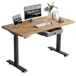 Radlove Dual Motors Height Adjustable 55 x 30'' Electric Standing Desk with Drawer 4 Memory Keys, Fast Charging Port, 265LBs Load Capacity with Splice Board Home Office Desk, Brown Top + Black Frame