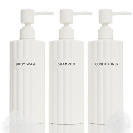 Stylish Shampoo and Conditioner Dispenser Set of 3 - Modern 19oz Shower Soap Bottles with Pump and Labels - Easy to Refill Body Wash Dispensers for an Instant Bathroom Decor Upgrade
