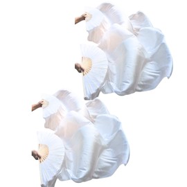 Belly Dance Faux Silk Veil Fans, 2 Pair Handmade Long Faux Silk Fans for Dancing, Abanicos de Danza for Line Dancing (White, 70.8" x 35.4")