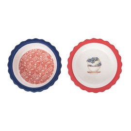 Transpac Americana 5.75 Inch Diameter Ceramic Serving Dish Pie Plate Set of 2 Red White and Blue Bandana and Blueberry