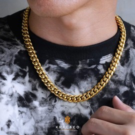 KRKC&CO 10mm Cuban Link Chain, 18K Gold Plated Stainless Steel Men's Necklace, Anti-Tarnish Anti-Allergies, Miami Curb Chains Hip Hop Necklace for Men Homme(10mm-Gold,18inches)