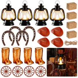 24Pcs Cowboy Theme Party Decoration, Western Cowboy Party Centerpieces, Mini Cowboy Hat Lantern Horseshoe Wagon Wheel Hay Bales for Western Wedding Birthday Vintage Ornament Decor