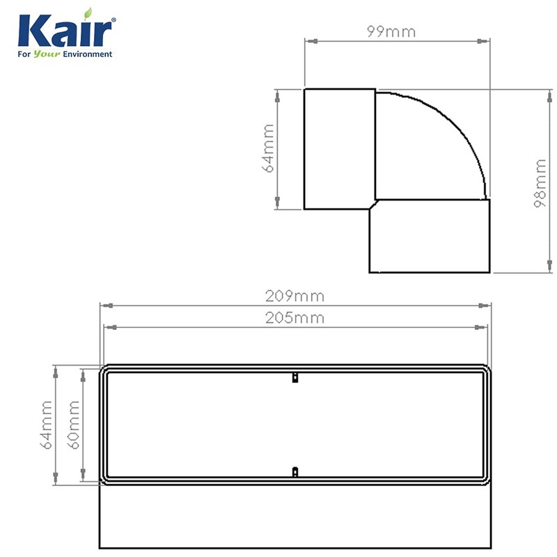 Kair 90 Degree Vertical Elbow Bend 204mm x 60mm -