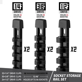Reniteco Socket Organizer Drive ABS Tools - Black Socket Holder, Premium Quality 6 Pieces Socket Holders Kit 1/4-Inch x 32 Clips, 3/8-Inch x 30 Clips, 1/2-Inch x 24 Clips（6PC,Black)