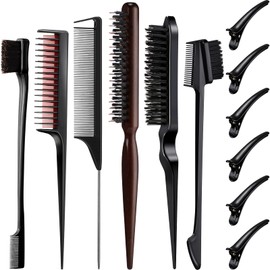 12 Pieces Black Hair Brush Set Teasing Hair Brush Hair Edge Brush Rat Tail Comb Double Sided Nylon Boar Bristle Brush 3 Row with Duckbill Hair Clips for Stylist Salon Hair Styling Sectioning