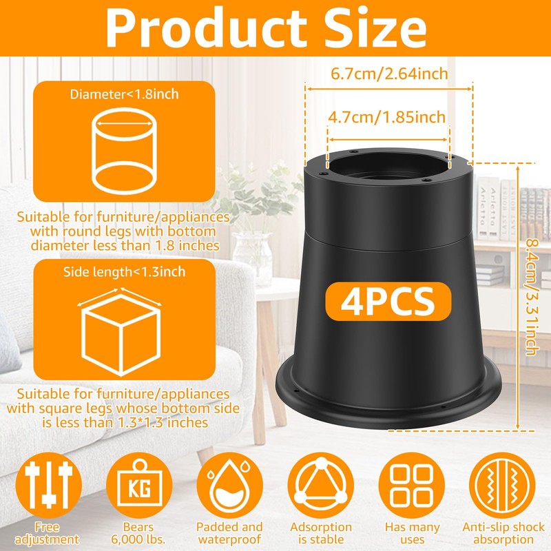 Bed Risers 4-Pack 3.66 Inch Chair Raisers Table Leg Extenders