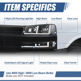 Auto Dynasty Pair of Headlights Assembly and Bumper Lamps Compatible with 2003-2024 Chevy Express GMC Savana 1500-4500, with Switchback F-LED DRL Running lights, Black Housing