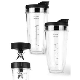 5-Piece Ninja Blender Replacement Parts - 2 Pack 24oz Cups with To-Go Lids, 7-Fins Extractor Blade, Compatible with Nutri Ninja Auto iQ Blenders BN401, BN751, BN801, BL450, BL480, BL640, BL642, NN100