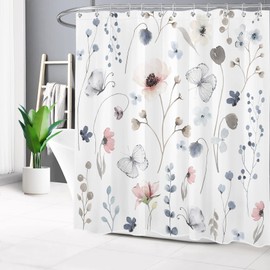 WEENEO Watercolor Floral Shower Curtain Blue Pink Wildflower and Butterfly on White Fabric Shower Curtain Set for Bathroom Rustic Farmhouse Botanical Bath Curtain with 12pcs Hooks, 72x72 Inch