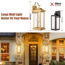 Roravilila 17 Inch Large Gold Outdoor Sconces Wall Lighting 2-Pack, Exterior Light Fixtures IP65 Waterproof Anti-Rust, Brass Porch Lights Clear Glass Outdoor Coach Lanterns Outside Wall Mounted Lamps