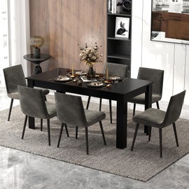 COSTWAY Dining Table for 4-6 People, 63” Rectangular Dining Room Table, Farmhouse Dinette Table with Large Computer Workstation, Modern Kitchen Table for Apartment, Living Room, Restaurant (Black)