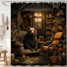 Boziqr Rustic Cabin Shower Curtain, Farmhouse Country Bear Decor Vintage Bathroom Curtains with Hooks Set, Retro Camping Waterproof Fabric Bathroom Accessories 70x70 Inches