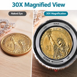 30X Pocket Magnifier with LED Light – Adjustable Focus Loupe for Jewelry Inspection, Reading and Detailed Viewing
