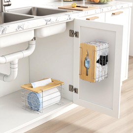 YAFFWA 2 Pack Trash Grocery Bag Holder Wall Mounted Design, Silver Extra Large Plastic Garbage Bag Dispenser Holder with Bamboo Lid, Kitchen Organizers and Storage Container Under Sink Large Capacity